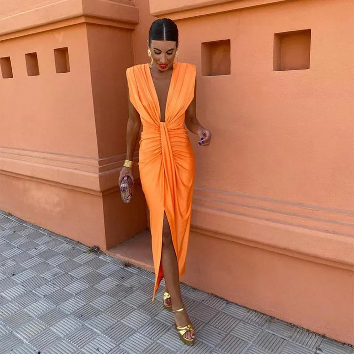 Trendy evening dress with a deep V-neck & tailored fit – Malina-Orange-S-The Livary