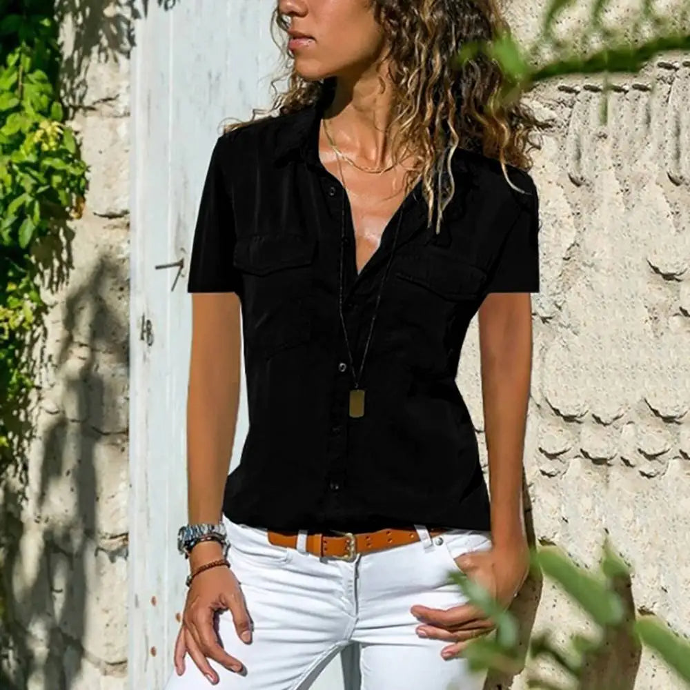 Elegant women's blouse with short sleeves – Mira-Black-S-The Livary