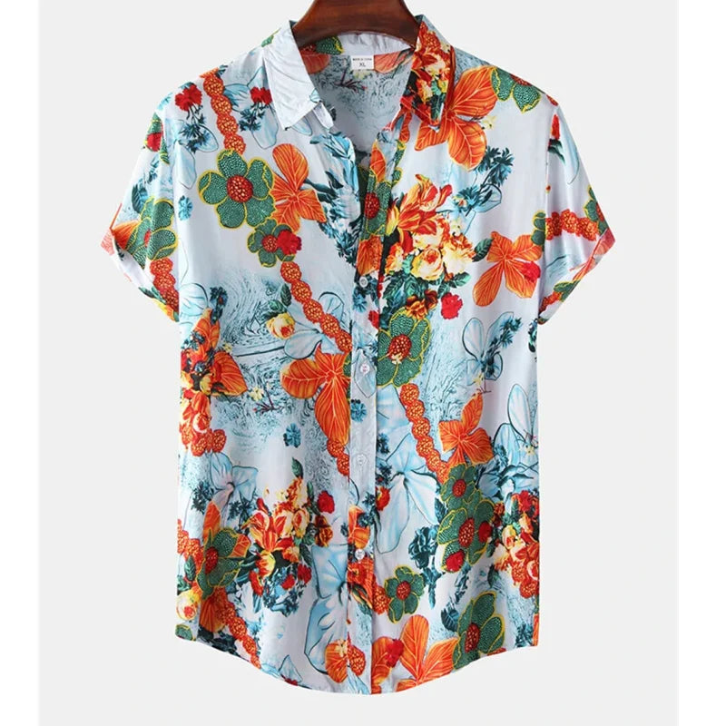 Light & Stylish Tropical Shirt with Floral Pattern for Men – Mateo-Blue-Orange-S-The Livary
