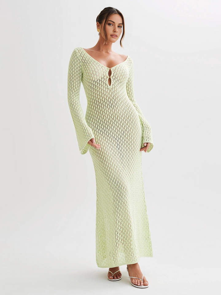 Long women's beach dress with back cutout and V-neck – Celina-Light green-XS-The Livary