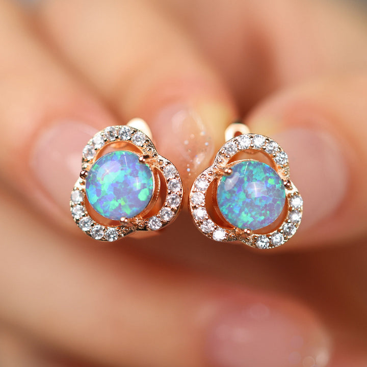 White Opal & Zircon Clover Leaf Earrings - Elara-Blue Opal and Rose Gold-The Livary