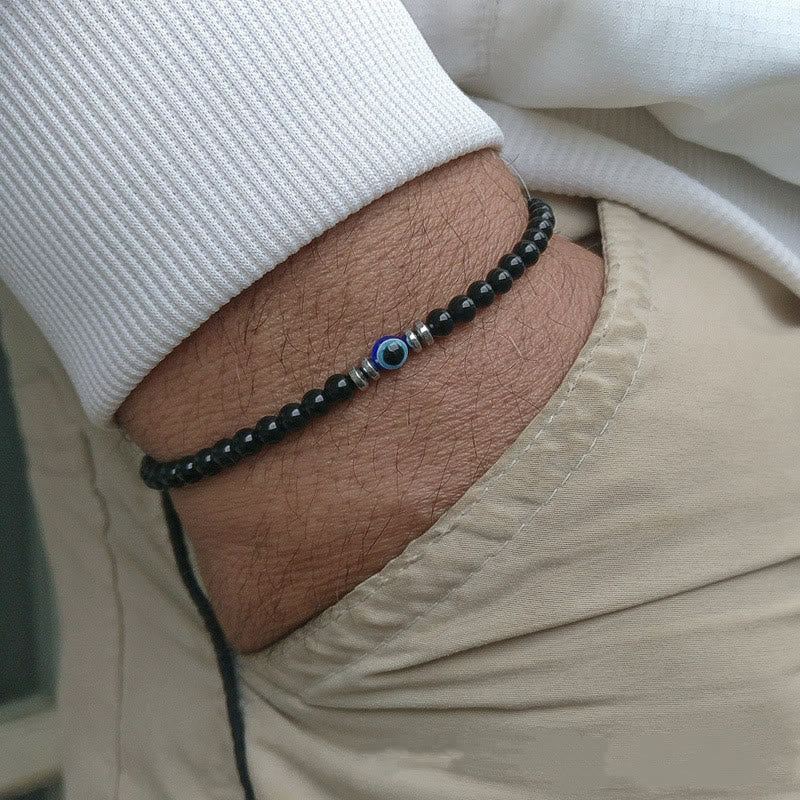 Men's 4mm Natural Stone Evil Eye Bead Bracelet - Thor-Obsidian-The Livary