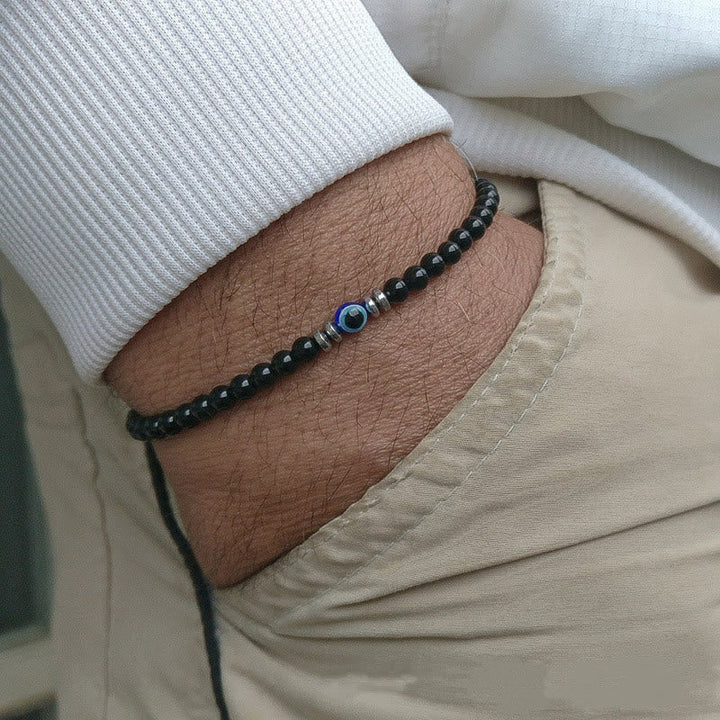 Men's 4mm Natural Stone Evil Eye Bead Bracelet - Thor-Obsidian-The Livary