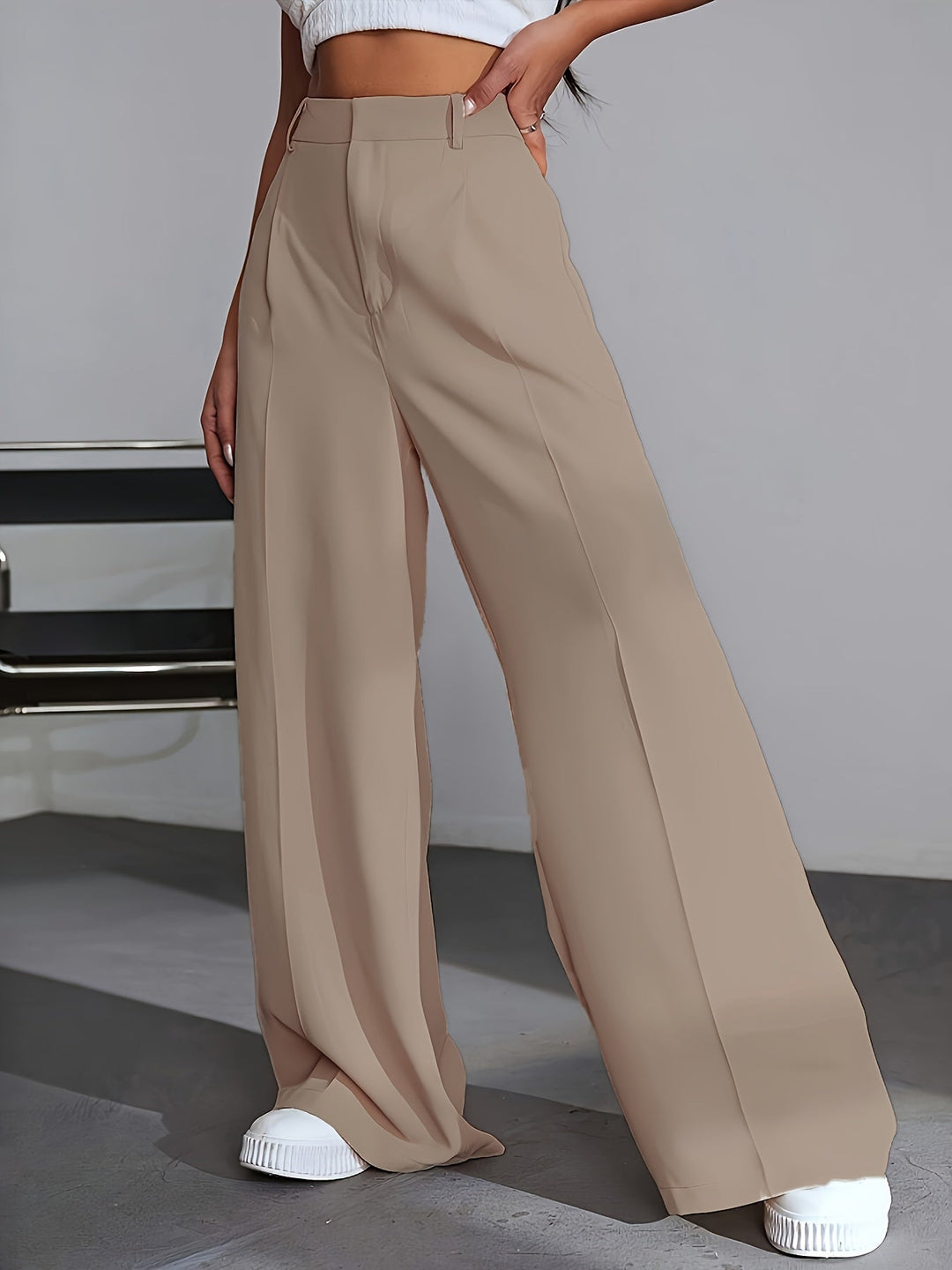 Luxury Plain Trousers With Wide Legs - Lana-S-Beige-The Livary