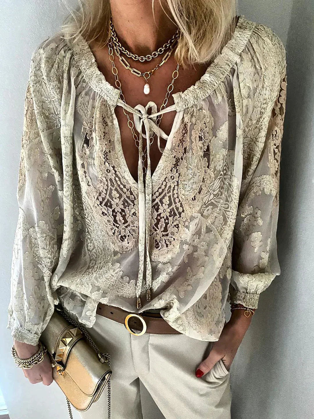 Exclusive Ladies' Blouse with Lace - Elodie-Khaki-XS-The Livary