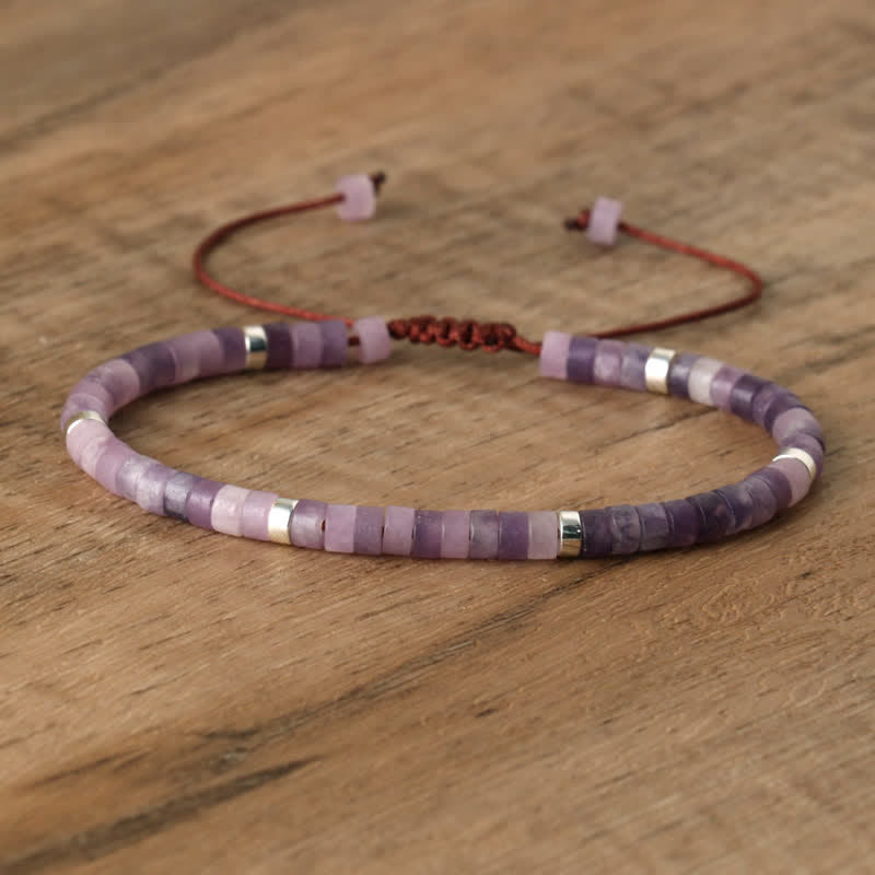 Braided Bracelet with 2.4 mm Natural Stone Rollers - Seraphina-Lepidolite & Silver-The Livary