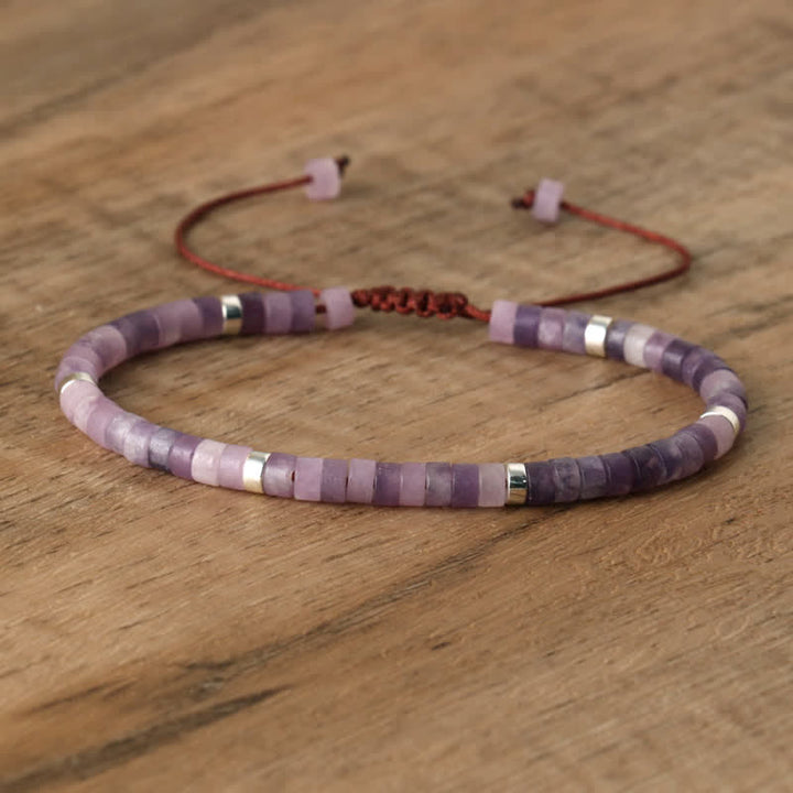 Braided Bracelet with 2.4 mm Natural Stone Rollers - Seraphina-Lepidolite & Silver-The Livary