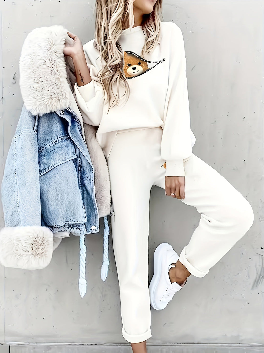Casual Two-Piece Outfit with Cute Bear Print - Mila-White-S-The Livary