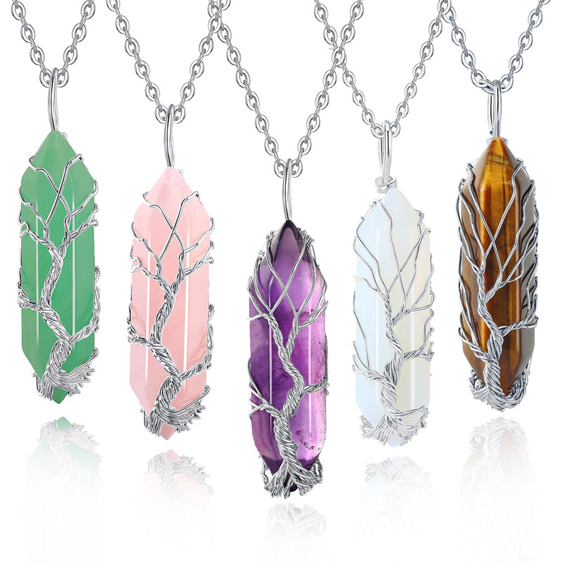 Stylish Crystal with Tree of Life Gemstone Necklace - Elara-Green Aventurine-The Livary