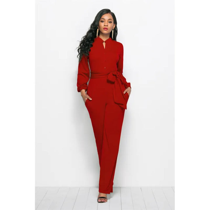 Wide-leg jumpsuit with belt and V-neck - Elise-Red-S-The Livary