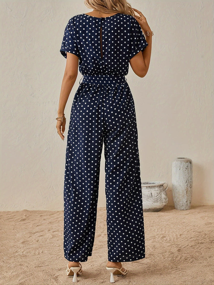 Trendy women's jumpsuit with waistband and polka dot pattern - DotJoy-S-The Livary