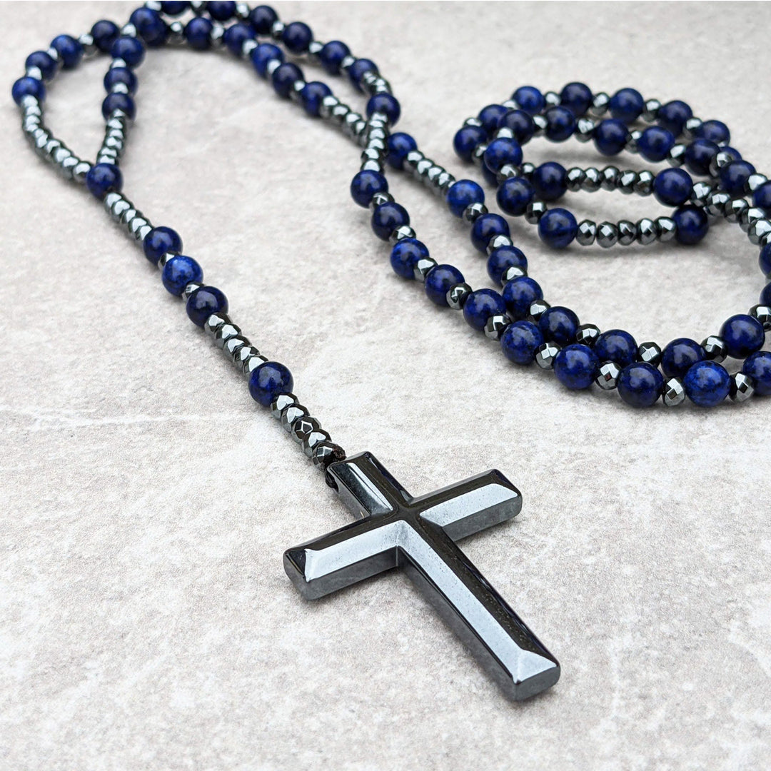 Tiger Eye and Lapis Lazuli Cross Rosary Necklace for Men - Orion-Tiger's eye-The Livary
