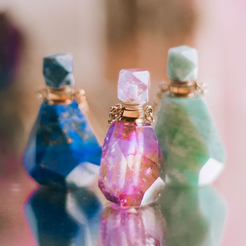Crystal Perfume Bottle Necklace - Iris-Rose quartz-The Livary
