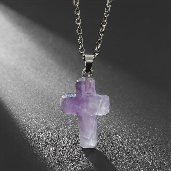 Necklace with Cross of Natural Gemstones - Seraphina-Amethyst-The Livary