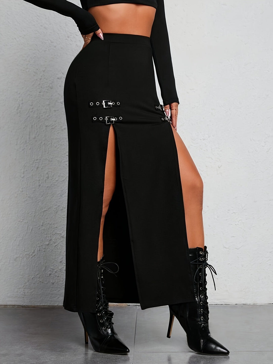 Black High Waist Split Skirt - Sophie-S-The Livary