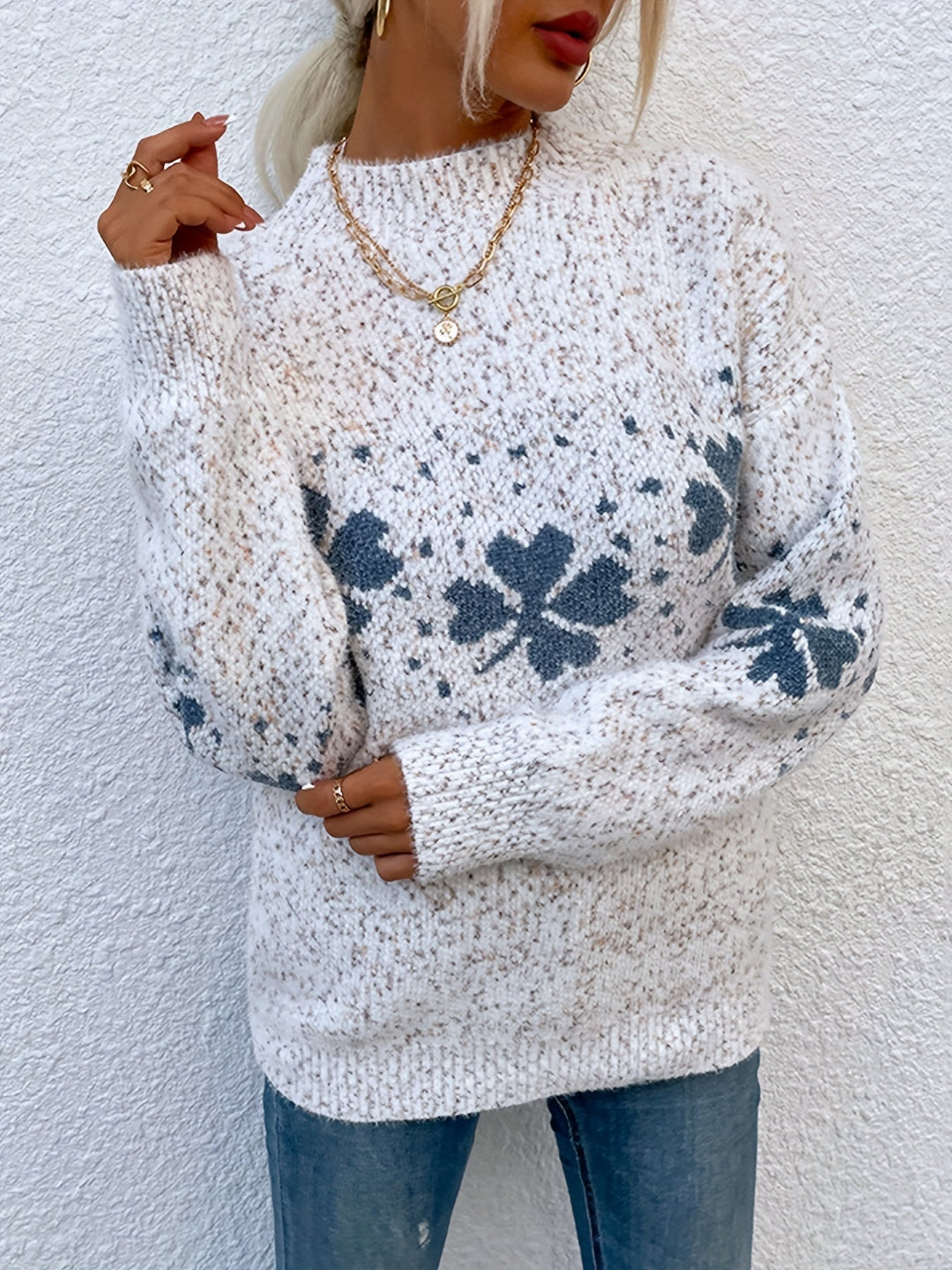 Sweater with Four-leaf Clover Pattern - Maeve-Beige-S-The Livary