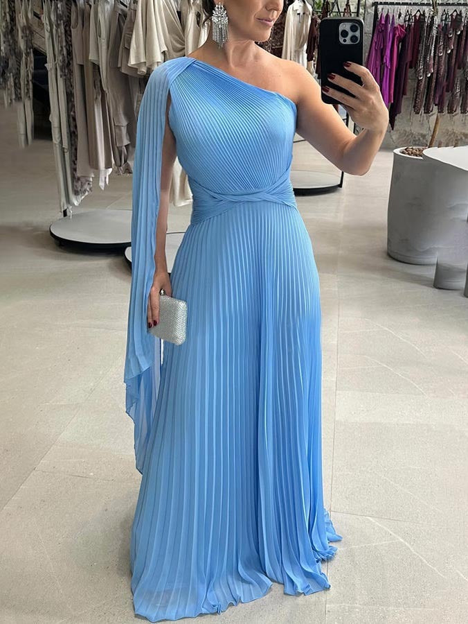 Trendy one-shoulder maxi dress with pleats – Mirella-Blue-XS-The Livary
