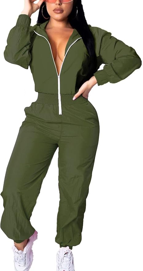 Retro Women's Windbreaker Jumpsuit - Elodie-Olive green-S-The Livary