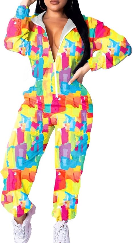 Retro Women's Windbreaker Jumpsuit - Elodie-Rainbow Camouflage-S-The Livary