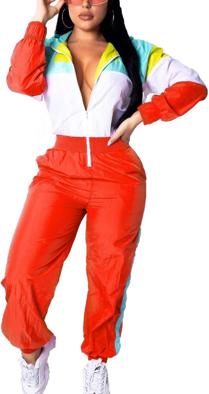 Retro Women's Windbreaker Jumpsuit - Elodie-Orange-S-The Livary
