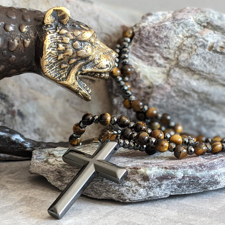 Tiger Eye and Lapis Lazuli Cross Rosary Necklace for Men - Orion-Tiger's eye-The Livary