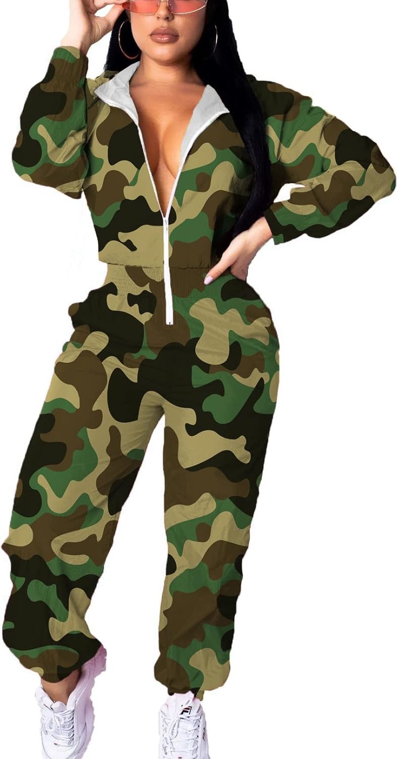 Retro Women's Windbreaker Jumpsuit - Elodie-Green Camouflage-S-The Livary