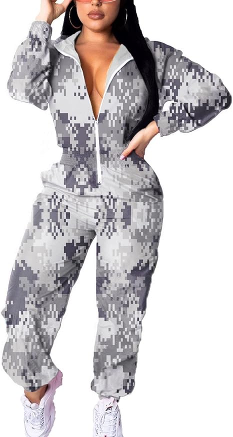 Retro Women's Windbreaker Jumpsuit - Elodie-Grey Camouflage-S-The Livary