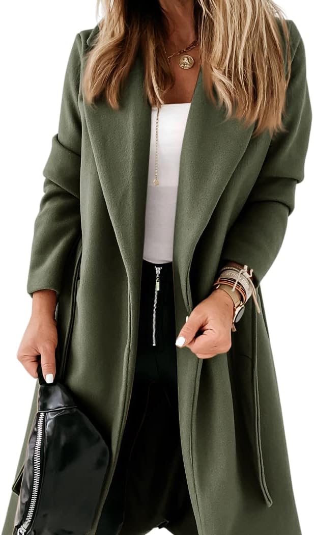 Ladies Classic Coat with Notched Collar and Open Front – Paulina-Olive green-S-The Livary