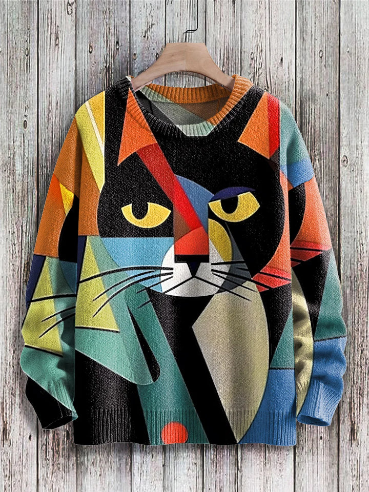 Cheerful Cat Print Sweater for Women - Cleo-Whisker-S-The Livary
