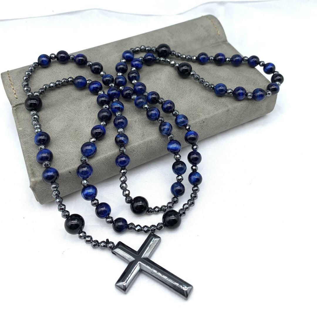 Tiger Eye and Lapis Lazuli Cross Rosary Necklace for Men - Orion-Tiger's eye-The Livary