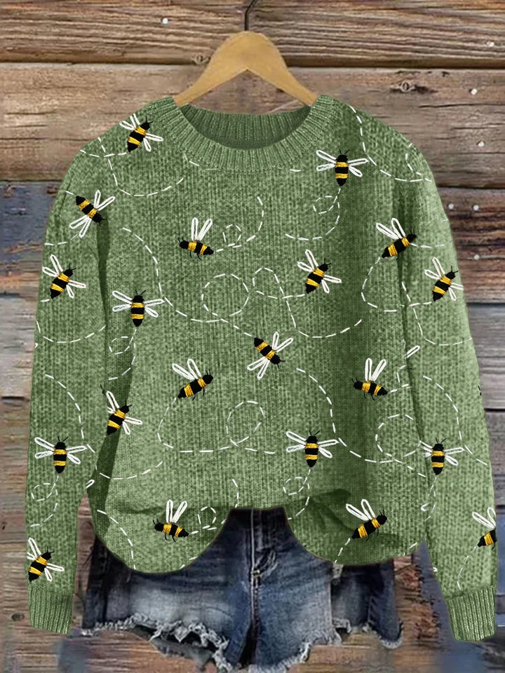 Charming Knitted Sweater with Bee Embroidery Pattern - Marlise-Green-S-The Livary
