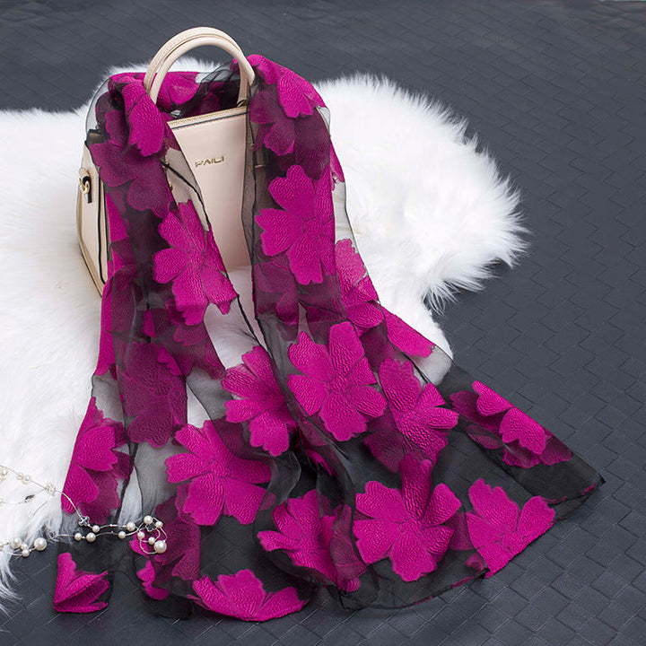 Trendy women's silk scarf with floral pattern and cut-out design – Fiora (1+1 FREE)-Rose Red-The Livary