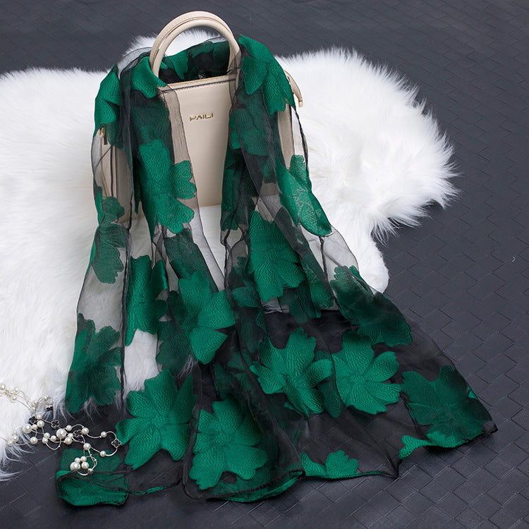Trendy women's silk scarf with floral pattern and cut-out design – Fiora (1+1 FREE)-Green-The Livary