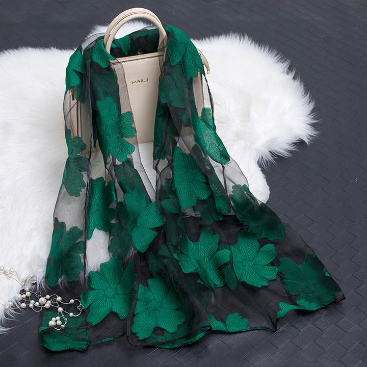 Trendy women's silk scarf with floral pattern and cut-out design – Fiora (1+1 FREE)-Green-The Livary