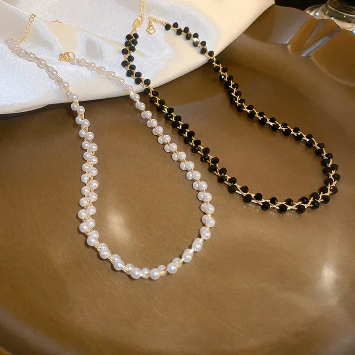 Double Crystals and Pearls Necklace - Amira-Black Crystal-The Livary