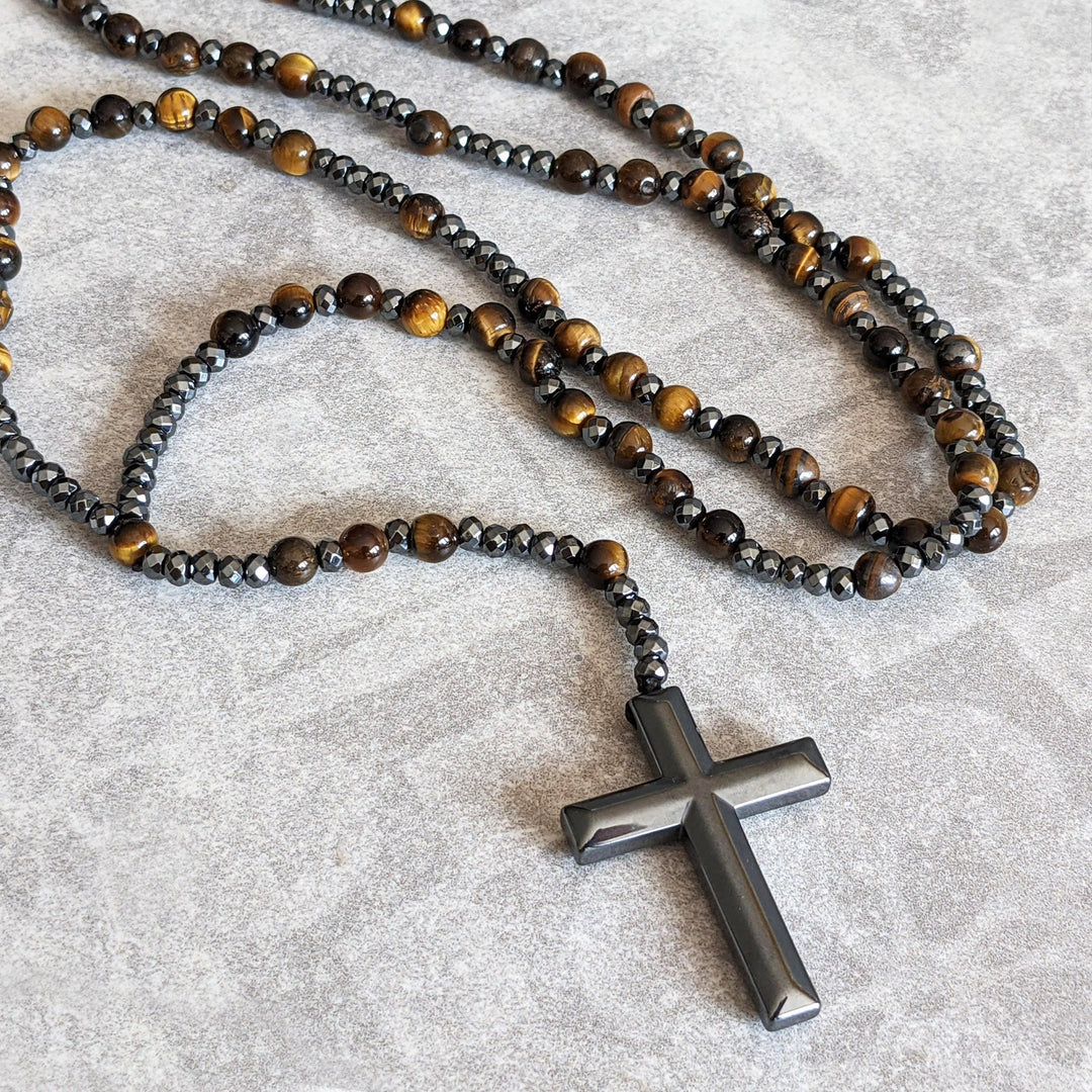 Tiger Eye and Lapis Lazuli Cross Rosary Necklace for Men - Orion-Tiger's eye-The Livary