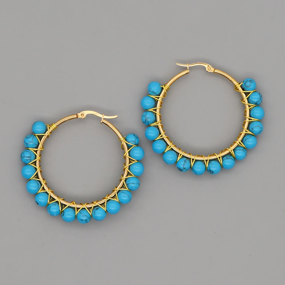 Boho Natural Crystals Large Hoop Earrings - Sanne-Blue Turquoise-The Livary