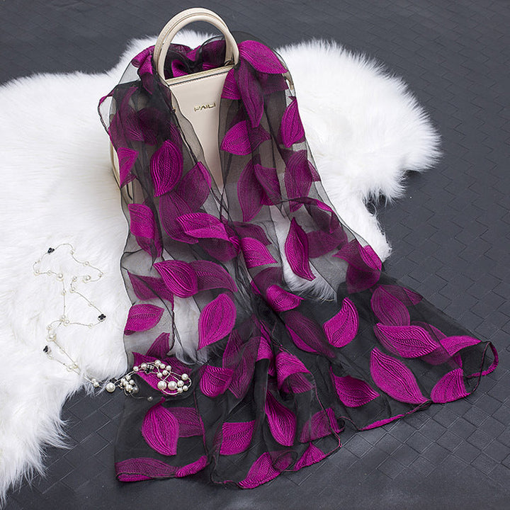 Trendy women's silk scarf with floral pattern and cut-out design – Fiora (1+1 FREE)-Pink leaves-The Livary