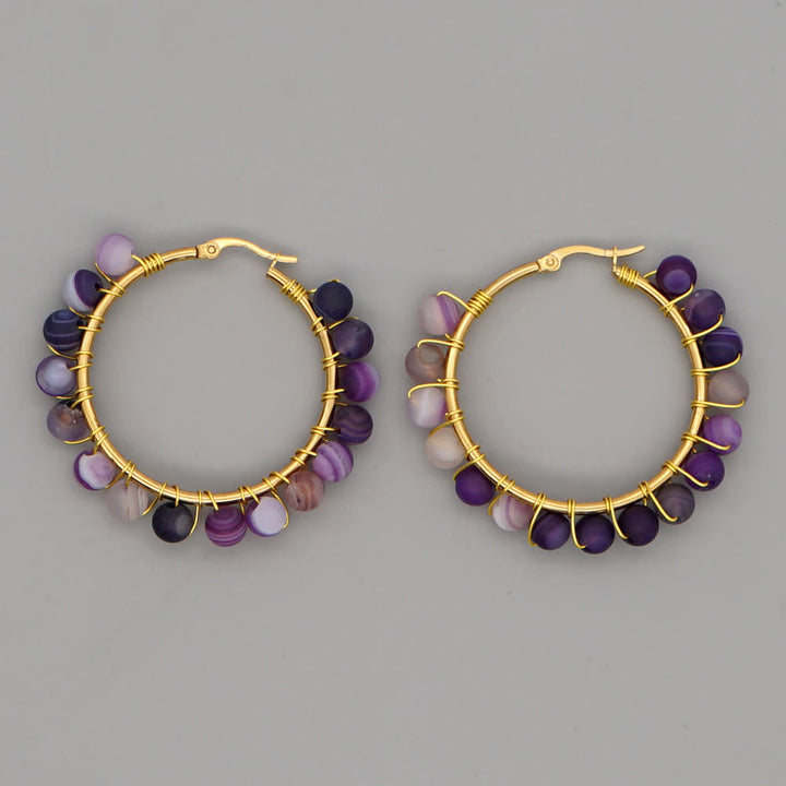 Boho Natural Crystals Large Hoop Earrings - Sanne-Purple Malachite-The Livary