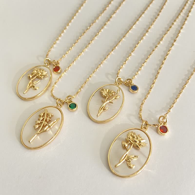 Birthstone with Birth Flowers Necklace - Aurora-January - Carnation-The Livary