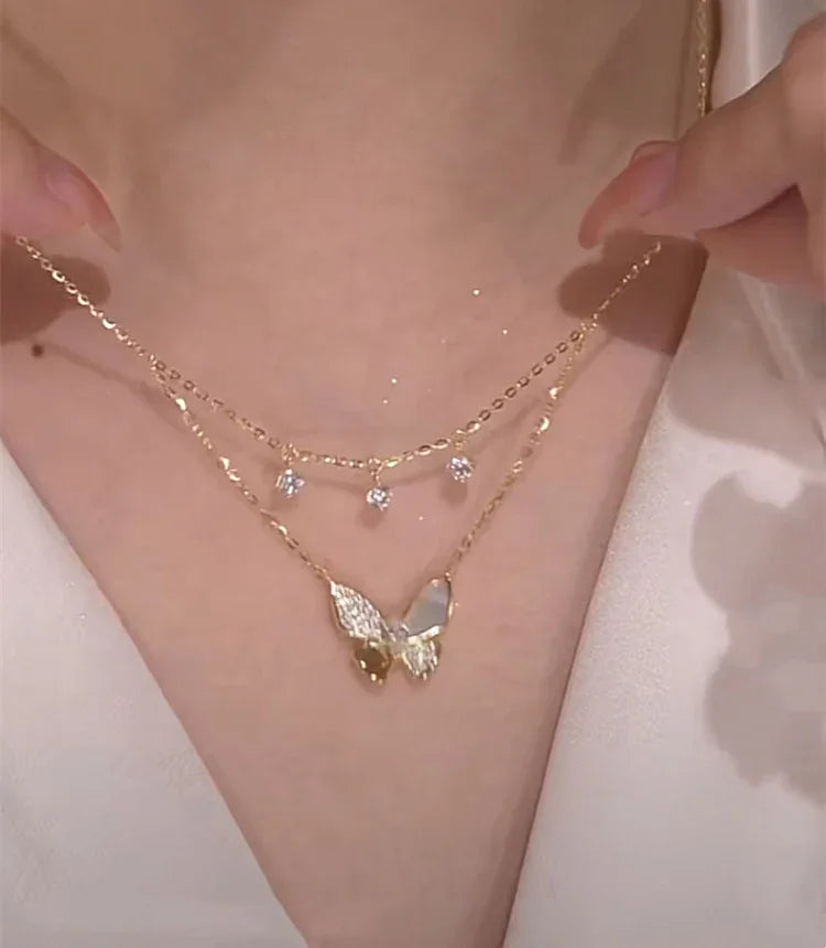 Double-layered Zirconia and Mother-of-pearl Butterfly Necklace - Elayna-The Livary