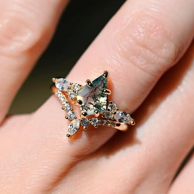 Stylish 2-piece Moss Agate Ring Set - Serenia-Rose gold-1.93 inches-The Livary