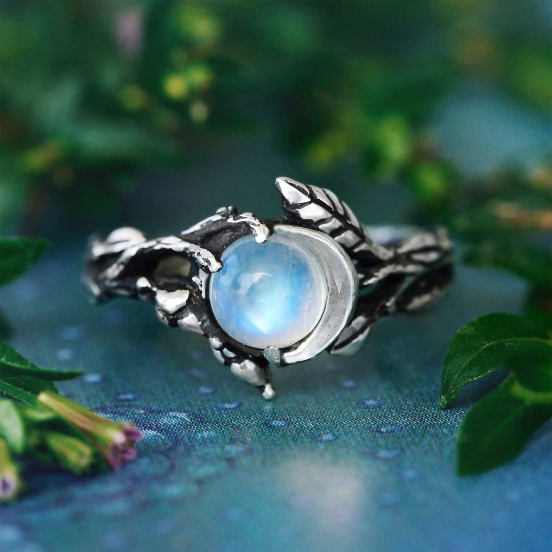 Stylish Moonstone Statement Ring - Iris-Moon and Leaf-2.13 in-The Livary