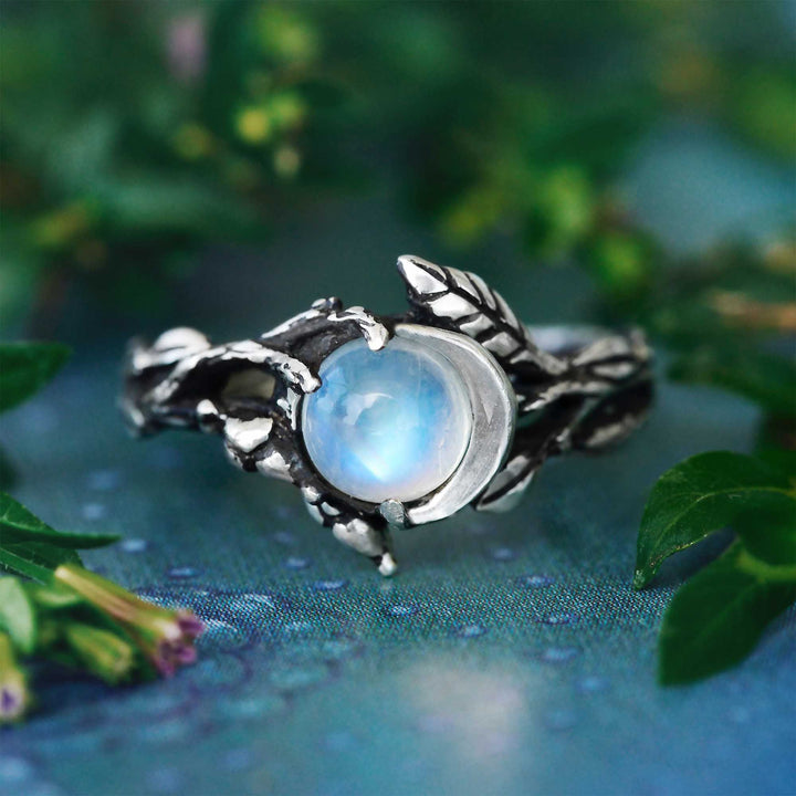 Stylish Moonstone Statement Ring - Iris-Moon and Leaf-2.13 in-The Livary