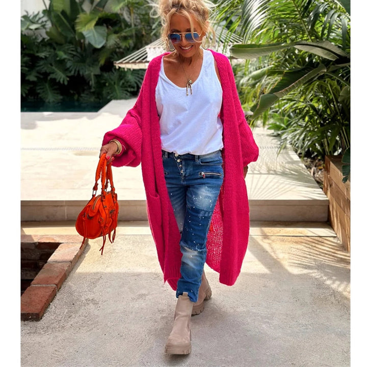 Trendy Long Knitted Cardigan - Sofia-Orange-One Size-The Livary