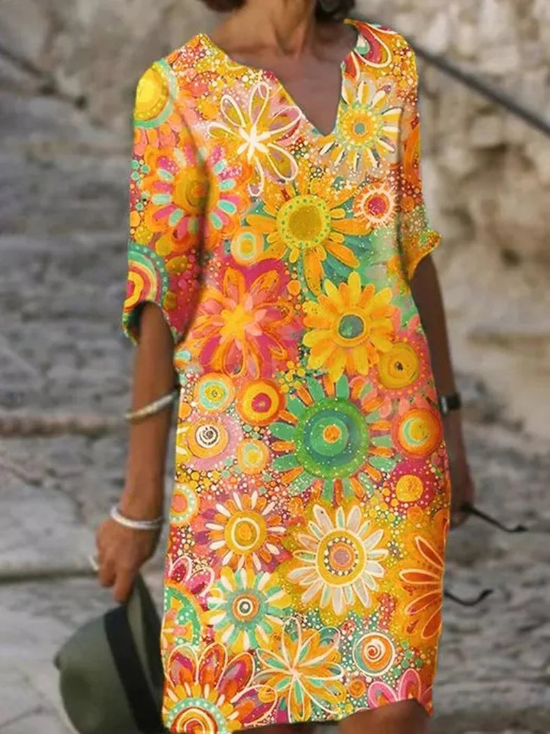 V-Neck Dress with Floral Print - Luna-Yellow-S-The Livary