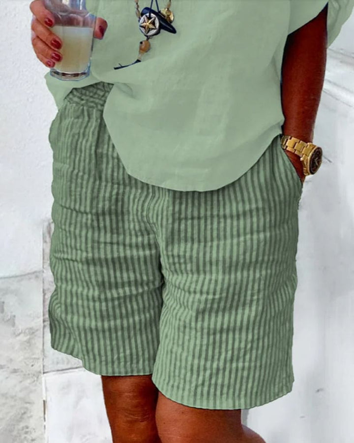 Striped Cotton-Linen Women's Shorts – Nina-Green-S-The Livary