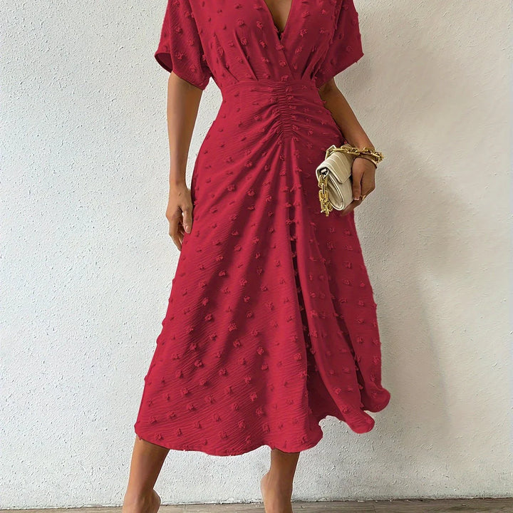 Refined Pleated Midi Dress with Ruffles | Evening Dress-S-Red-The Livary