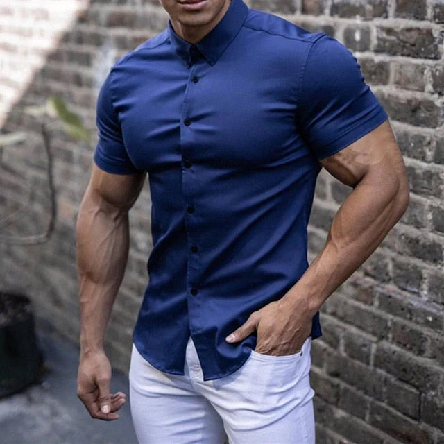 Slim Fit Men's Shirt with Short Sleeves - Luca-Blue-M-The Livary