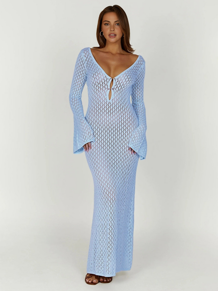 Long women's beach dress with back cutout and V-neck – Celina-Light blue-XS-The Livary